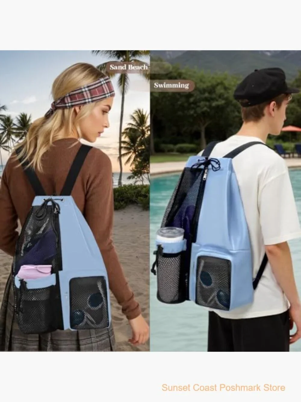 Waterproof Mesh Beach Backpack with Wet Pocket Drawstring Sport Bag